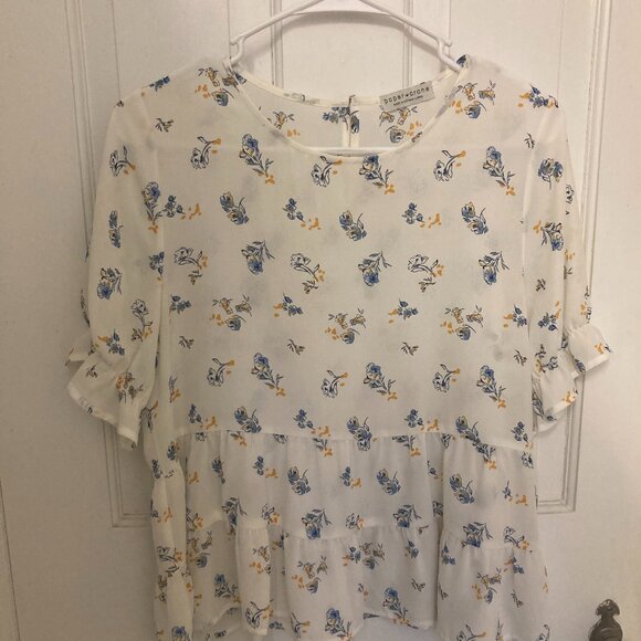 Paper Crane Chiffon Sheer White Yellow and Blue Floral Blouse - Picture 1 of 7